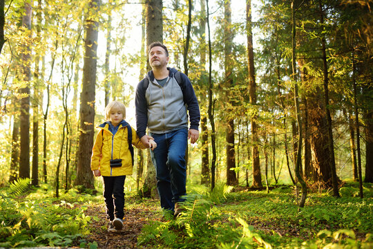 Cute Schoolchild And His Mature Father Hiking Together And Exploring Nature. Little Boy With His Dad Spend Quality Family Time Together In The Sunny Summer Forest.