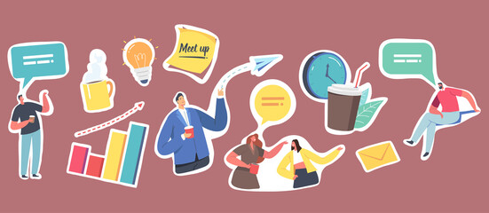 Set Stickers Business Meetup. Corporate Employees Characters, Paper Airplane and Light Bulb, Coffee Cup, Speech Bubble