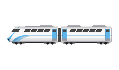 Passenger express train. Railway carriage. Cartoon subway or high speed train. Vector icon for web design or game scene