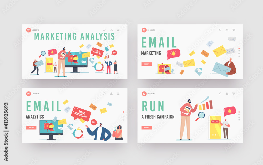 Poster email marketing analysislanding page template set. character at mailbox with envelopes flying out. s
