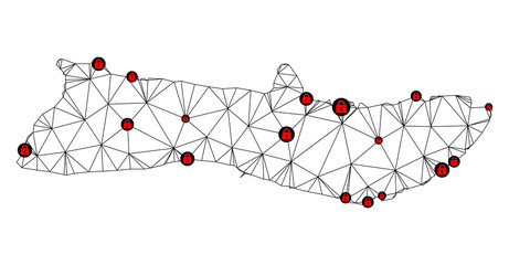 Polygonal mesh lockdown map of Molokai Island. Abstract mesh lines and locks form map of Molokai Island. Vector wire frame 2D polygonal line network in black color with red locks.