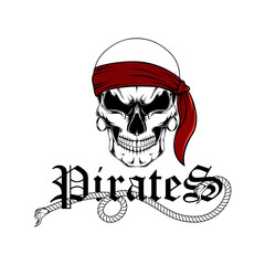 Vector image of a pirate skull with a red bandage on his head.