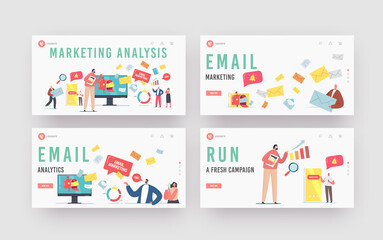 Email Marketing AnalysisLanding Page Template Set. Character at Mailbox with Envelopes Flying Out. Spam, Correspondence