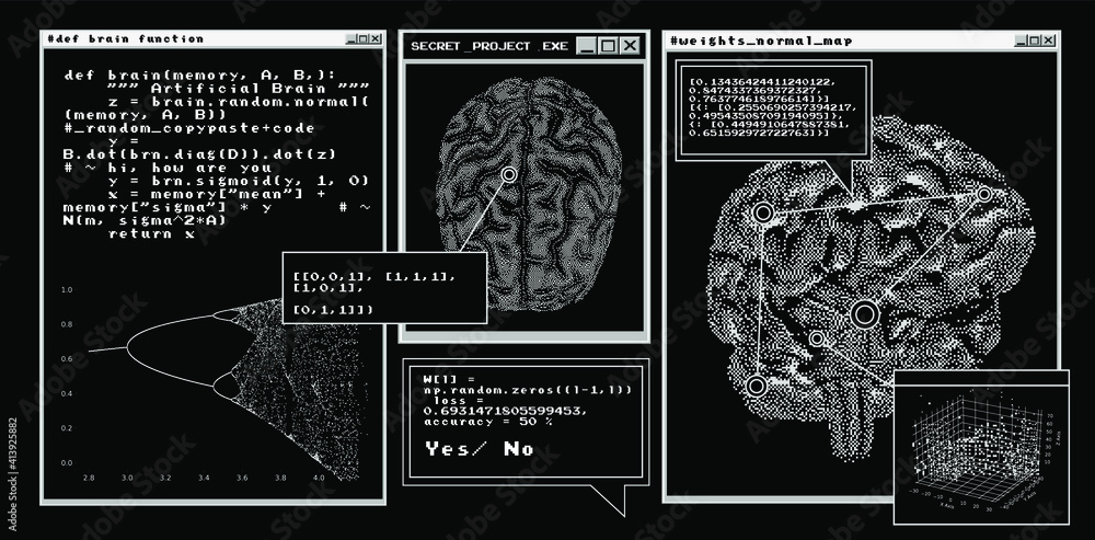 Poster Futuristic sci-fi user interface with research data, Magnetic resonance imaging of the Human brain. HUD UI with callout bar labels, information boxes, digital data charts.