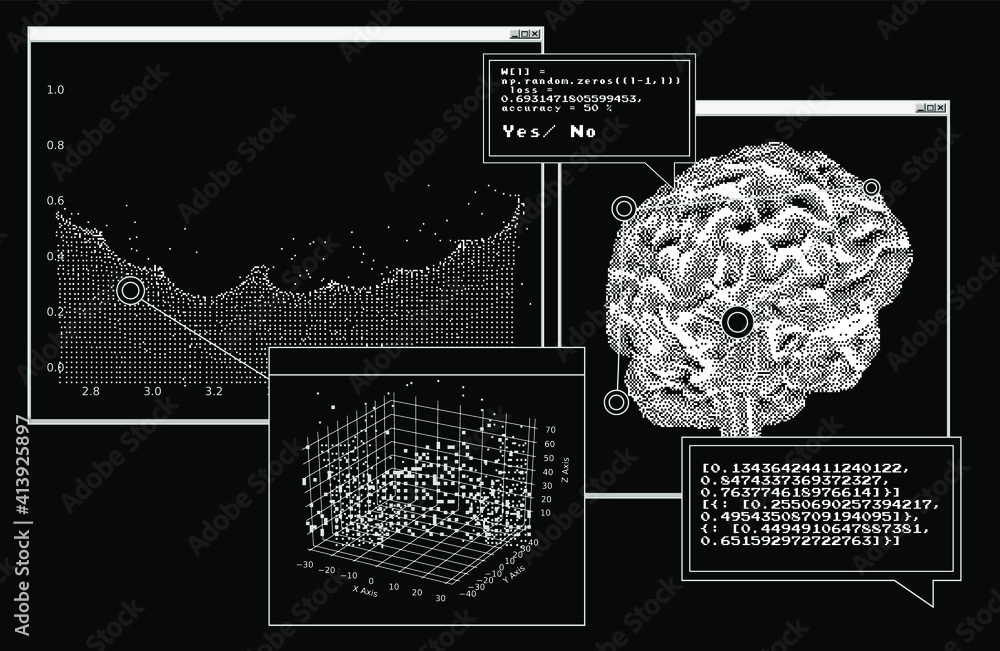 Poster Futuristic sci-fi user interface with research data, Magnetic resonance imaging of the Human brain. HUD UI with callout bar labels, information boxes, digital data charts.