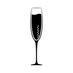 Graceful glass with champagne and bubbles icon. Black elongated crystal dishes with elite drink symbol of holiday and romantic vector anniversary.