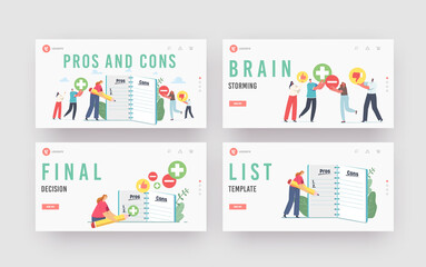 Obraz na płótnie Canvas People Make Important Decision Landing Page Template Set. Tiny Characters at Huge Notebook Writing Pros and Cons