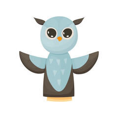 Hand or finger puppets play doll owl. Cartoon color toy for children theater, kids games. Vector cute and funny animal character, isolated icon on white background