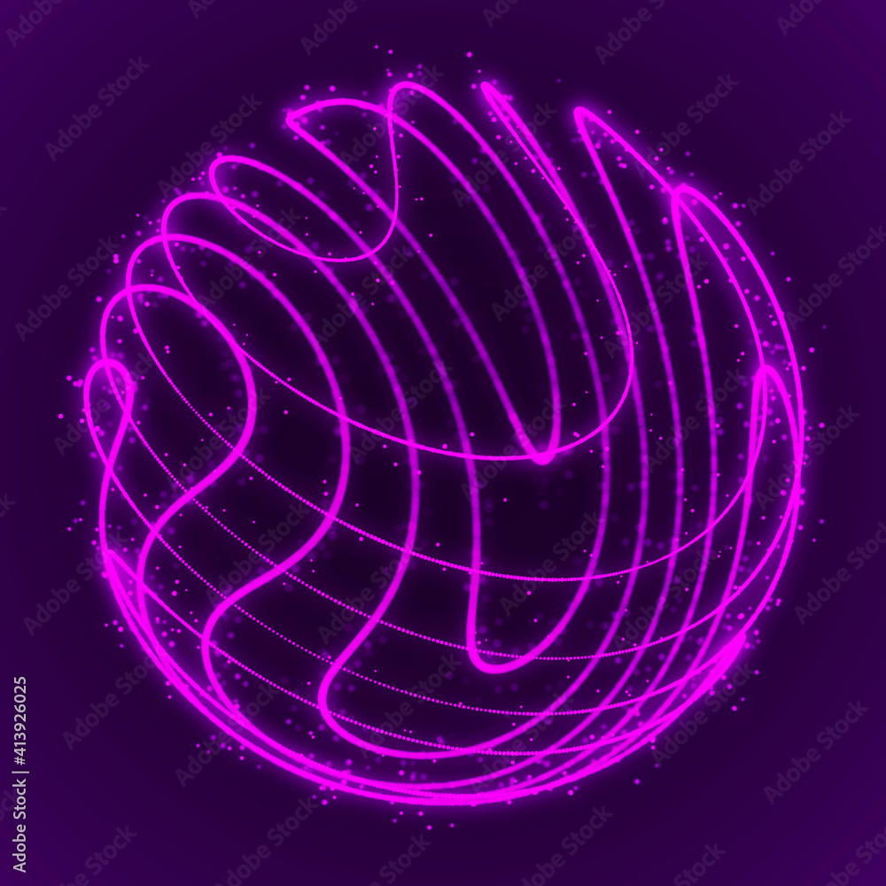Poster abstract 3d sphere. sphere with twist lines. glowing lines twisting. outer space object. futuristic 