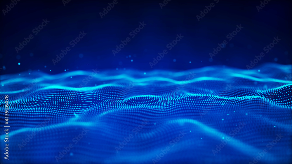 Poster wave 3d. wave of particles. abstract blue geometric background. big data visualization. data technol