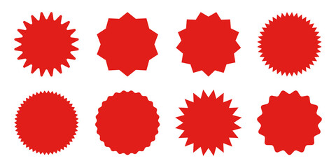 Red shopping labels collection. Sale or discount sticker. Special offer price tag. Supermarket promotional badge. Vector sunburst icon.