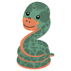 A cute gentle green character of a boa constrictor with a protruding tongue on a white background. Cute cartoon snake. Vector.