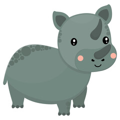 Cartoon adorable gray baby rhino with ruddy cheeks and a smile standing on a white background. Vector.