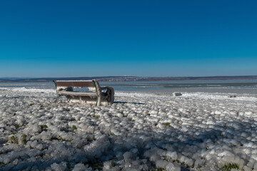 Completly frozen bench at Promenade in Illmitz, Neusiedlersee, Austria