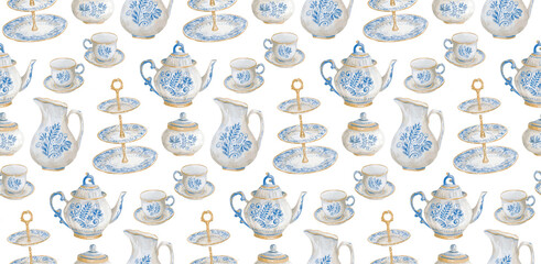 A set of ceramic dishes. Crockery pattern. Dishes for tea drinking. Painted tableware. Blue patterns of plants. Illustration of a cup, teapot, sugar bowl, jug. A set of openwork dishes. Serving rack.