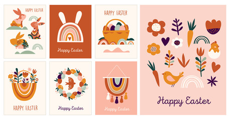 Boho Easter concept design, greeting cards with bunnies, eggs, flowers and rainbows in pastel and terracotta colors, flat vector illustrations