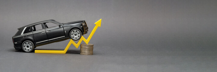Rising cost of new and used cars, rising car sales, rising costs of insurance and car loans. Rising car prices.Copy space. - obrazy, fototapety, plakaty