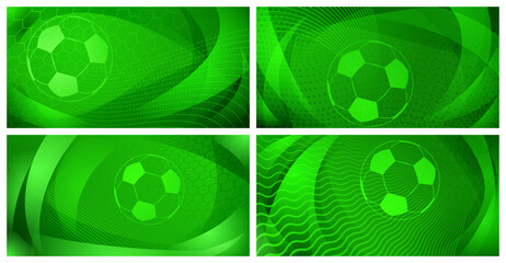 Set of four football or soccer backgrounds with big ball in green colors