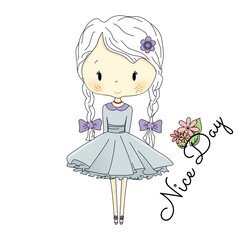 Little Girl Doll with Violet Bows. fairy tail Illustration. Postcard