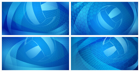 Set of four volleyball backgrounds with big ball in blue colors