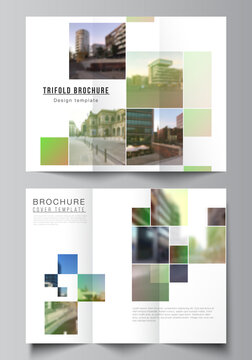 Vector layouts of covers design templates for trifold brochure, flyer layout, book design, brochure cover, advertising mockups. Abstract project with clipping mask green squares for your photo.