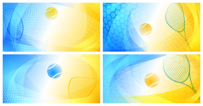 Set Of Four Abstract Backgrounds With Ball And Racket In Colors Of Grand Slam Tournament, The US Open Tennis Championships