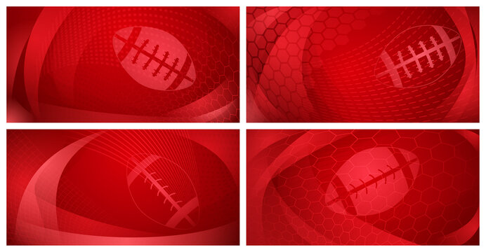 Set of four rugby backgrounds with big ball in red colors
