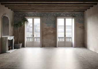 Ambiente storico, stanza vuota, muro vecchio, affreschi, vaso con palme, rendering 3d
