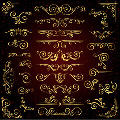 Victorian set of golden ornate page decor elements like banners, frames, dividers, ornaments and patterns on dark background. Gold calligraphic swirl