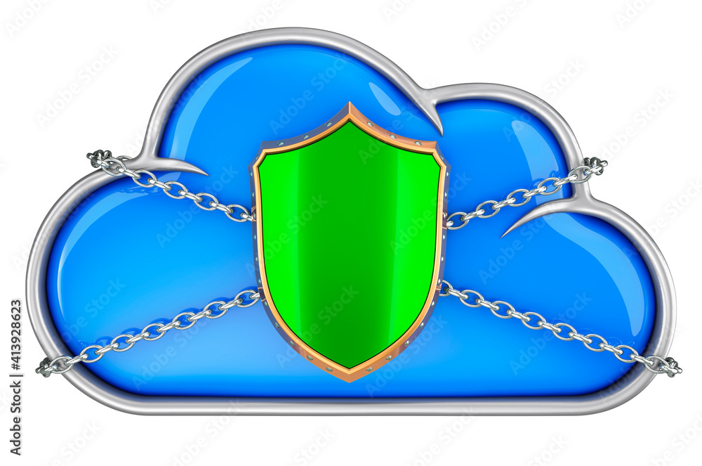 Poster cloud storage with padlock. security and data protection concept, 3d rendering