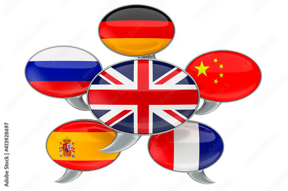 Poster speech bubbles with flags, 3d rendering