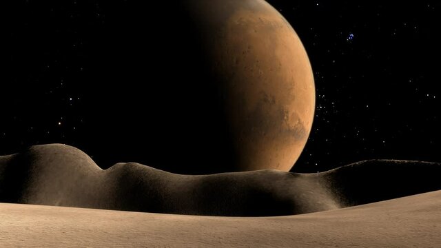 Mars is seen from the surface of it's moon, Phobos, in this unique 3D animation of the alien red planet and it's moons