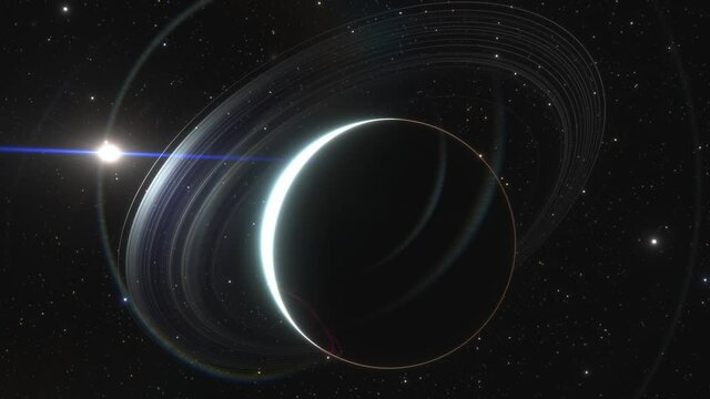 The beautiful blue gas giant Uranus and it's spectacular rings are silhouetted as they eclipse the sun multiple times in this orbit animation