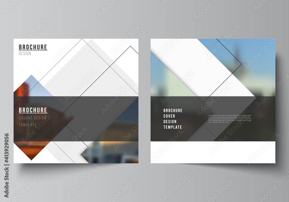 Poster vector layout of two square format covers design templates with geometric simple shapes, lines and p