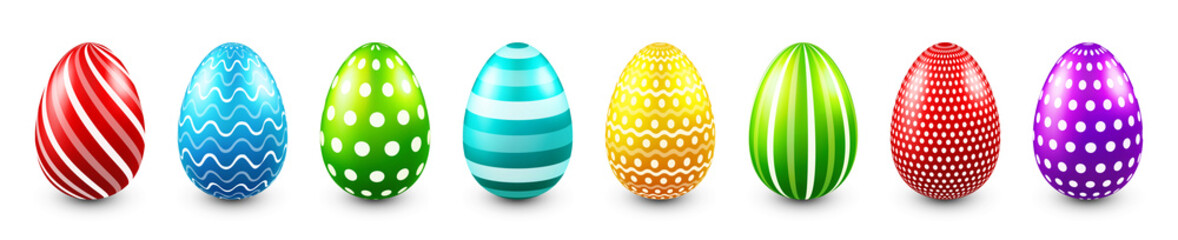 Colorful Easter eggs isolated on white background. Seasonal spring decoration element. Egg hunt game. Vector illustration.