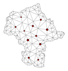 Polygonal mesh lockdown map of Mazovia Province. Abstract mesh lines and locks form map of Mazovia Province. Vector wire frame 2D polygonal line network in black color with red locks.