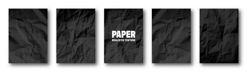 Realistic black crumpled paper texture. Isolated rough grunge old blank. Torn edges. Vector illustration.