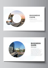 Vector layout of two creative business cards design templates, horizontal template vector design. Background template with rounds, circles for IT, technology. Minimal style.