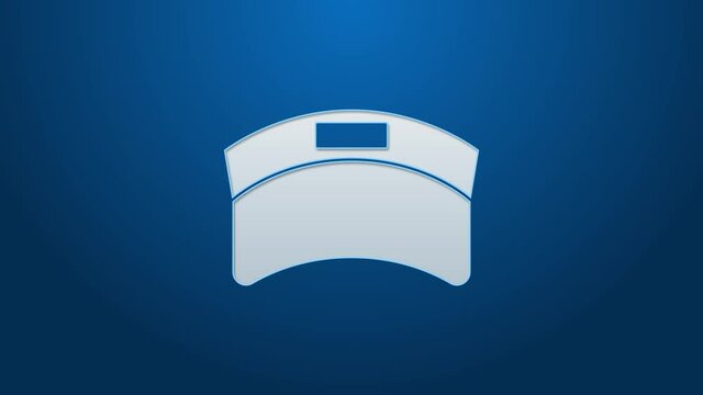 White line Sun visor cap icon isolated on blue background. Sport equipment. Sports uniform. 4K Video motion graphic animation.