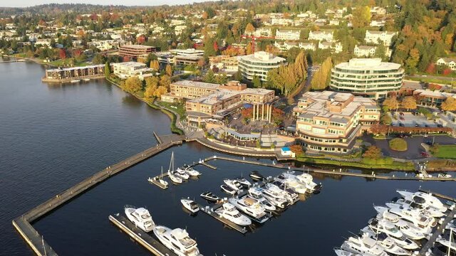 Cinematic Orbiting Drone Footage Of Carillon Point, Woodmark Hotel, Yarrow Bay Marina, Houghton Beach Park, Lakeview, Central Houghton, Kirkland, Lake Washington, Affluent Residential Neighborhoods