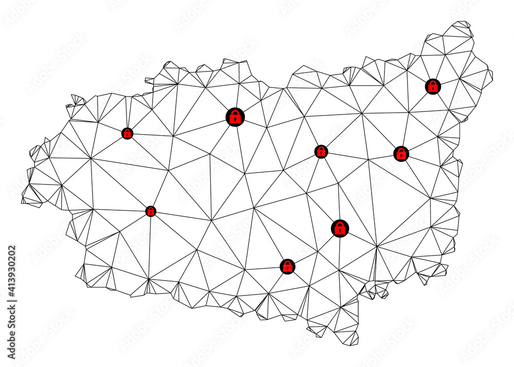 Poster polygonal mesh lockdown map of leon province. abstract mesh lines and locks form map of leon provinc