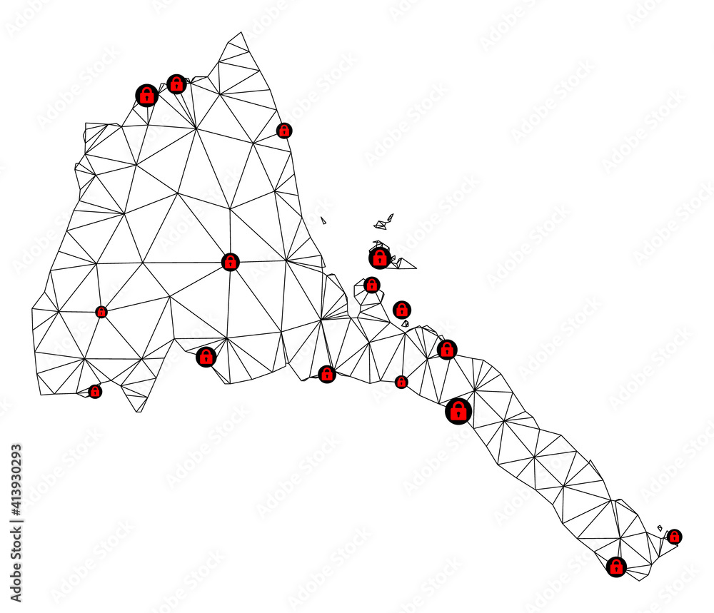 Poster polygonal mesh lockdown map of eritrea. abstract mesh lines and locks form map of eritrea. vector wi