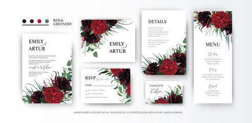 Elegant burgundy red & greenery floral vector art set. Wedding invite, rsvp, menu, place card, save the date cards with garden rose flower, dahlias, astilbe, eucalyptus green leaves & herbs decoration