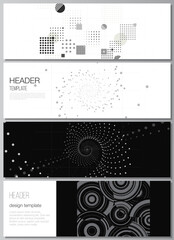 Vector layout of headers, banner design templates for website footer design, horizontal flyer design. Abstract technology black color science background. Digital data visualization. High tech concept.