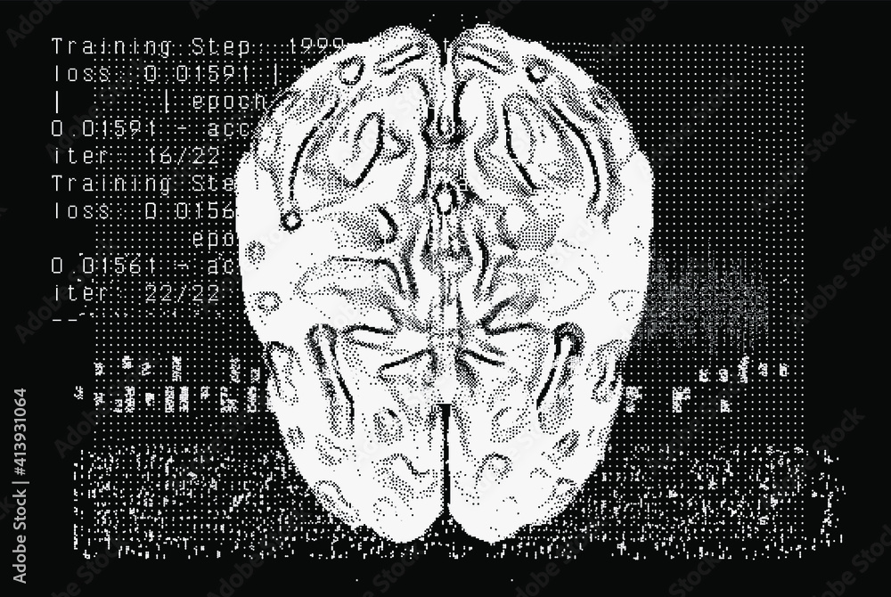 Aufkleber 3D vector illustration of brain made of pixels and particles. Concept of neural network, neurology and neuroscience.