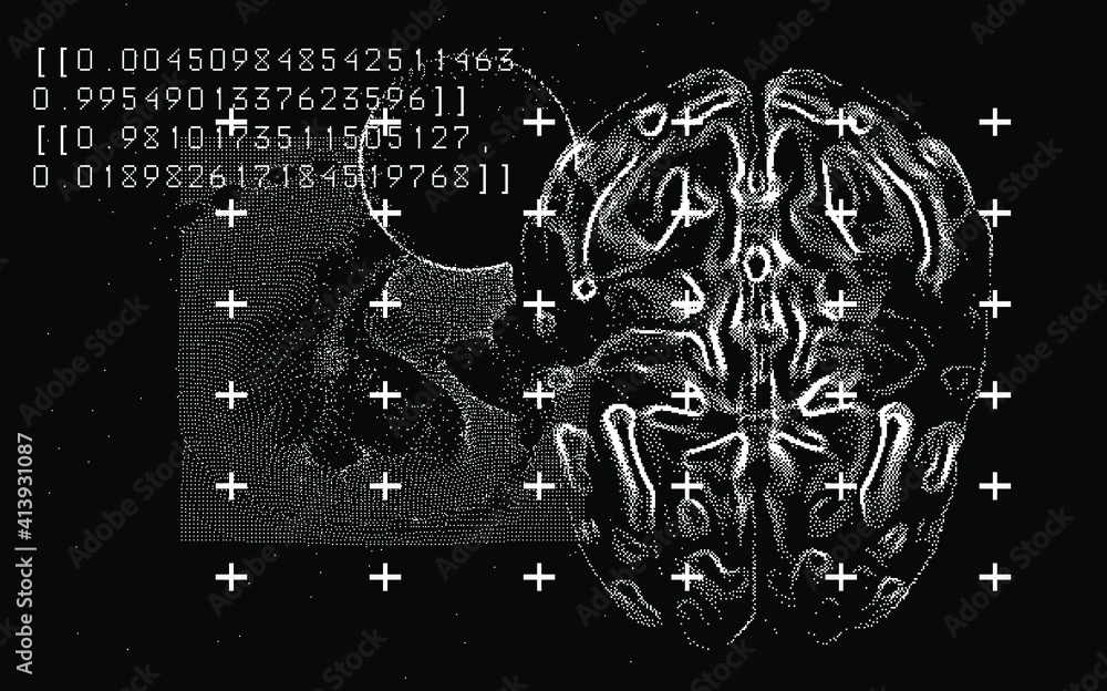 Aufkleber 3D vector illustration of brain made of pixels and particles. Concept of neural network, neurology and neuroscience.