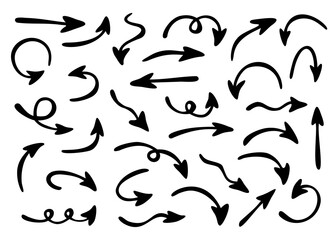 Large vector set of arrows pointing in different directions. Hand drawn, doodle elements isolated on white background