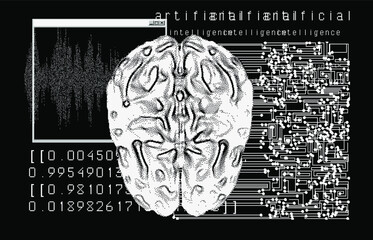 Futuristic sci-fi user interface with research data, Magnetic resonance imaging of the Human brain. HUD UI with callout bar labels, information boxes, digital data charts.