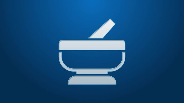 White line Mortar and pestle icon isolated on blue background. 4K Video motion graphic animation.