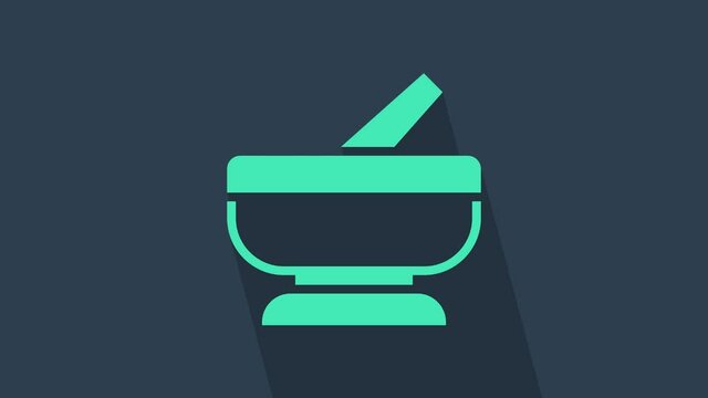 Turquoise Mortar and pestle icon isolated on blue background. 4K Video motion graphic animation.